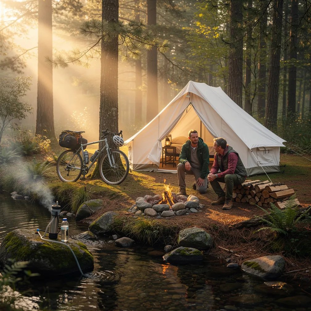 A white tent sits in a quiet pine forest beside a clear little stream. Warm sunrise light shines through the mist, and a small campfire glows in a ring of stones. Two hikers rest nearby, with a bicycle leaning on a tree and a water filter by the water’s edge.