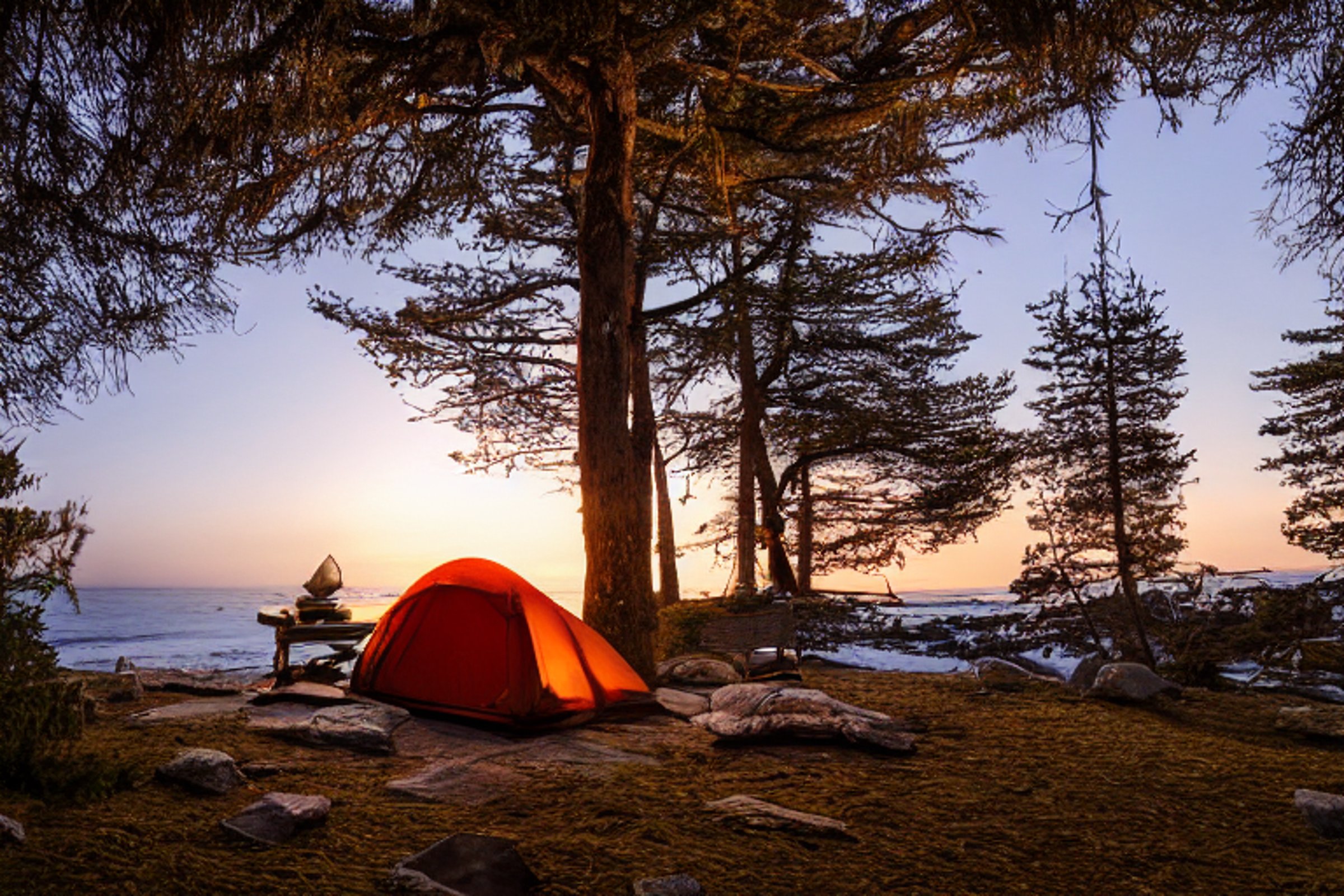 A cozy tent glows beside a warm campfire on a snowy beach at sunset. Mossy trees, large stone slabs, and a hammock surround the quiet dirt campsite.