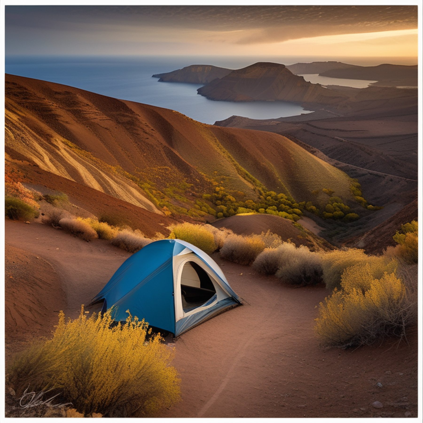 A cozy tent rests on a quiet dirt campsite in Santorini, Greece. Fall-colored trees, rolling hills, and a large rock surround the winding hiking path. Soft golden light shines through the cloudy sky, creating a peaceful mood.