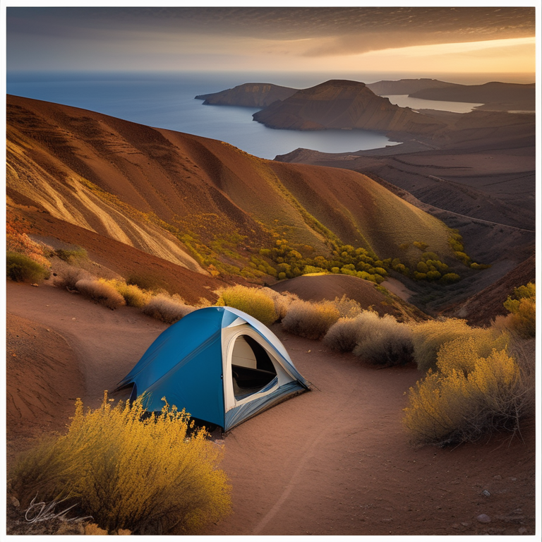 A cozy tent rests on a quiet dirt campsite in Santorini, Greece. Fall-colored trees, rolling hills, and a large rock surround the winding hiking path. Soft golden light shines through the cloudy sky, creating a peaceful mood.