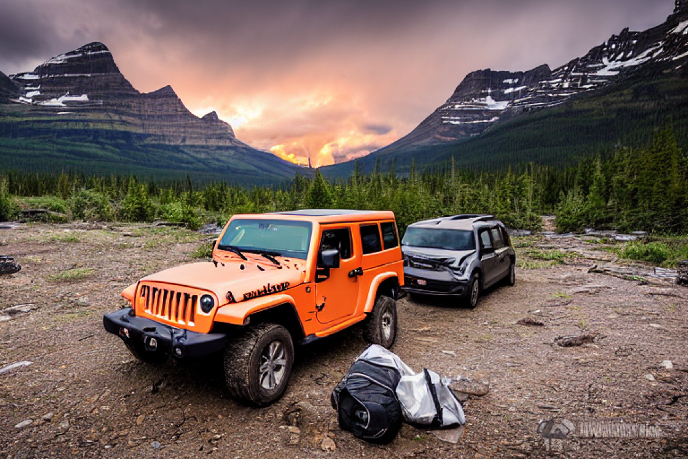 A gray and orange Jeep with a rooftop tent rests beside a clear stream in Glacier National Park. A picnic table and backpack sit on the dirt camp, while stormy clouds glow in the sunset.