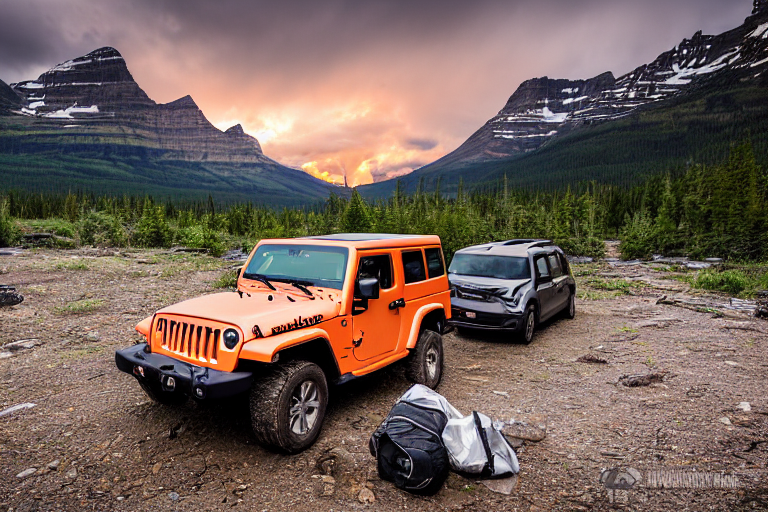 A gray and orange Jeep with a rooftop tent rests beside a clear stream in Glacier National Park. A picnic table and backpack sit on the dirt camp, while stormy clouds glow in the sunset.