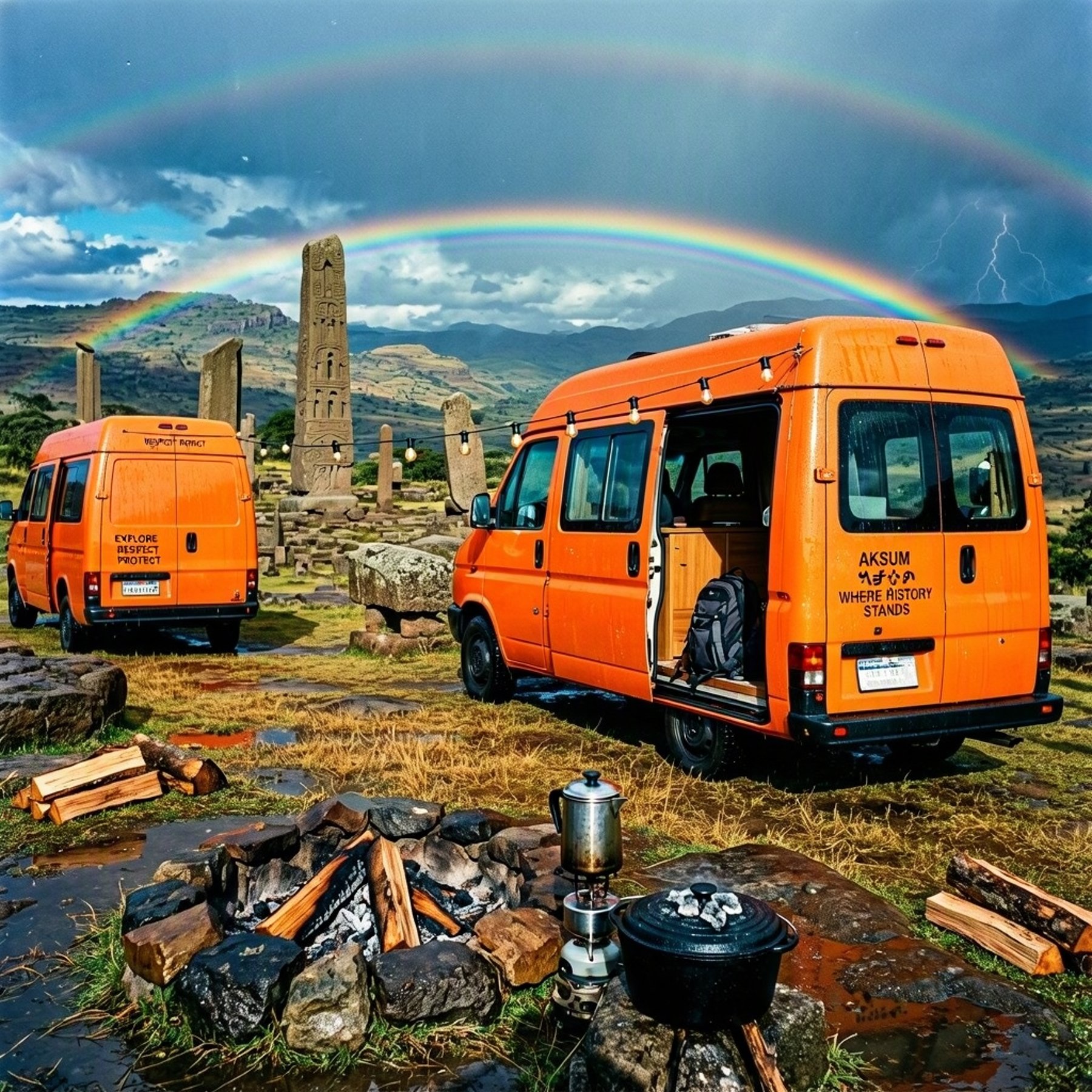 Two bright orange camper vans rest on wet golden grass beside ancient stone ruins. A cold fire ring, cooking pots, and a string of unlit bulbs sit quietly between them. Above the rugged hills, a vivid double rainbow shines beneath the clearing storm clouds.