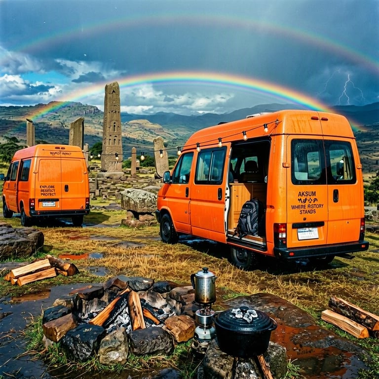 Two bright orange camper vans rest on wet golden grass beside ancient stone ruins. A cold fire ring, cooking pots, and a string of unlit bulbs sit quietly between them. Above the rugged hills, a vivid double rainbow shines beneath the clearing storm clouds.