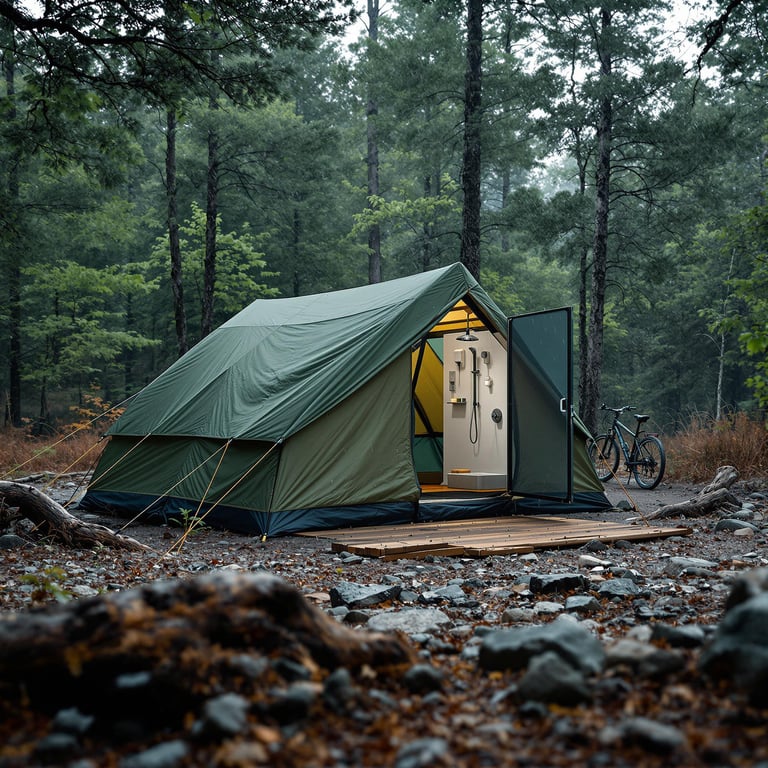 A green two-person tent rests among rocks in the misty forest of Shenandoah National Park. A bicycle and small outdoor shower sit nearby, while soft drizzle creates a calm morning mood.