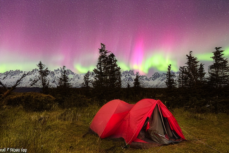 A red tent rests on a quiet dirt campsite beneath the glowing northern lights. Tall grass, fallen leaves, and a backpack surround the campfire and a large wooden log. The clear night sky makes this mountain camp feel peaceful and magical.