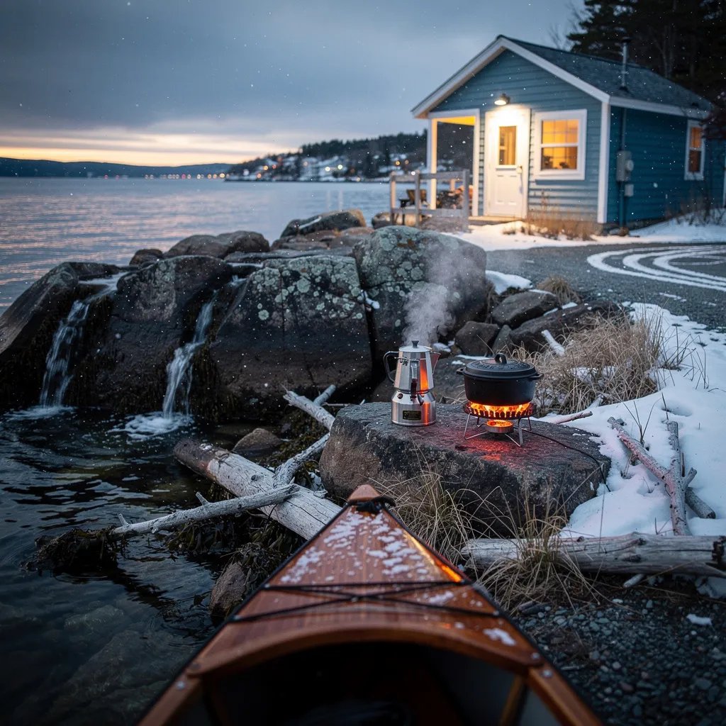 A quiet rocky cove sits under a blue winter sky, with light snow drifting in the air. A sky-blue cabin glows warmly above the shore while a small waterfall spills over mossy rocks into the sea. Near the cabin, a little stove and a cast-iron pot give off a cozy steam and ember light as a canoe glides in past driftwood and sea grass.