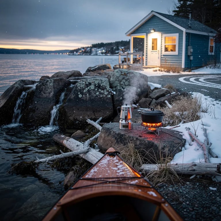A quiet rocky cove sits under a blue winter sky, with light snow drifting in the air. A sky-blue cabin glows warmly above the shore while a small waterfall spills over mossy rocks into the sea. Near the cabin, a little stove and a cast-iron pot give off a cozy steam and ember light as a canoe glides in past driftwood and sea grass.