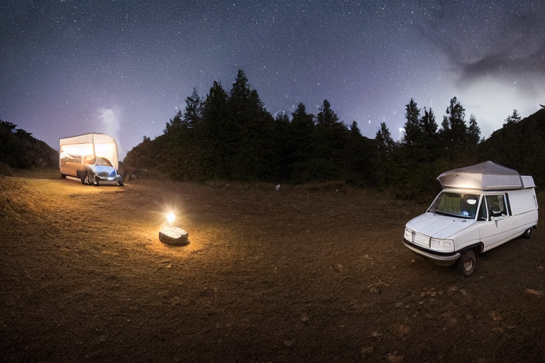 A white camper van rests on a rocky dirt campsite in Big Sur. Dark storm clouds gather overhead, while a small lantern glows beside a large rock.