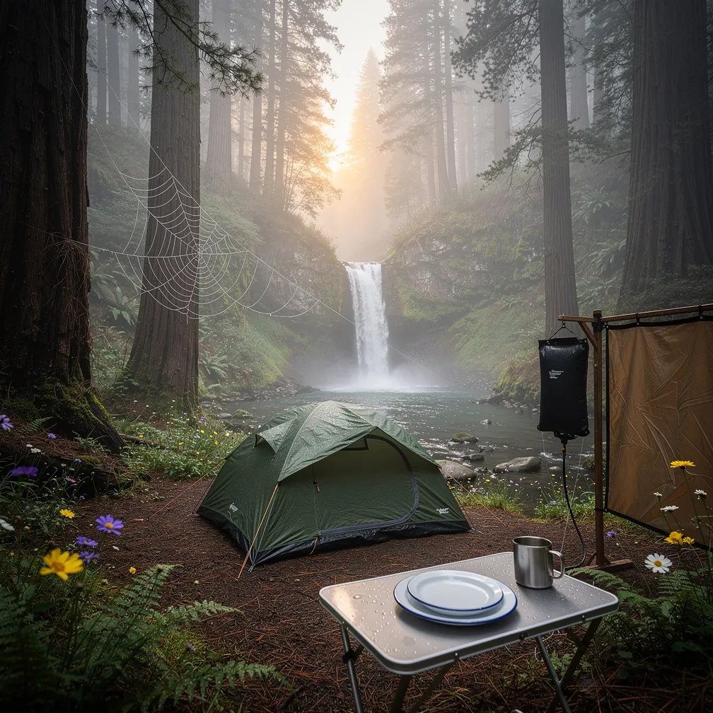 A green camo tent sits in a quiet redwood canyon as soft morning fog drifts between the tall trees. A small waterfall slips down a mossy cliff, and ferns and wildflowers fill the clearing. A tiny spider web shines with dew, and a simple camp table holds stacked enamel plates beside a little outdoor shower screen.