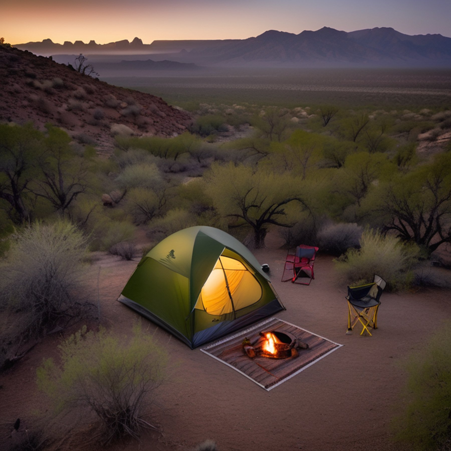 A forest-green tent rests beside a paved campsite under the foggy night sky. A small stream winds through the dirt camp, with mountains fading into the distance. Camping gear sits nearby as surfers gather around the peaceful scene.