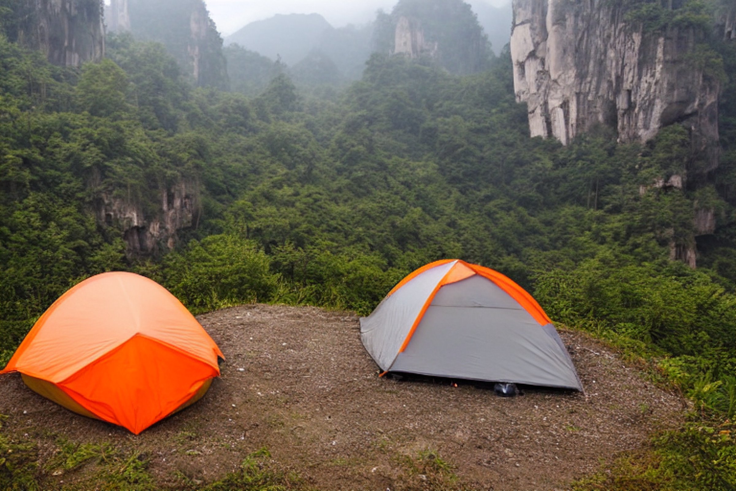 A gray and orange tent rests on a rocky dirt campsite beneath a star-filled, cloudy sky. Flowers, a lantern, and a nearby parking spot add charm to this peaceful night in Zhangjiajie.