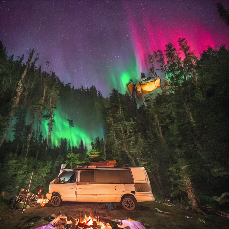 A colorful camper van rests on a dirt clearing beneath a stormy night sky. A warm campfire glows beside a picnic table and hanging clothes, while green auroras shine above the dark forest and mountains.