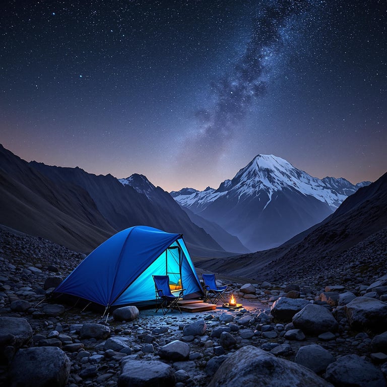 Under a sky full of twinkling stars, a cozy tent glows warmly beside a crackling campfire. Snowy mountains stand tall in the distance, making the campsite feel like a little adventure hideaway. It's a perfect night for stories and marshmallows under the magical Milky Way.