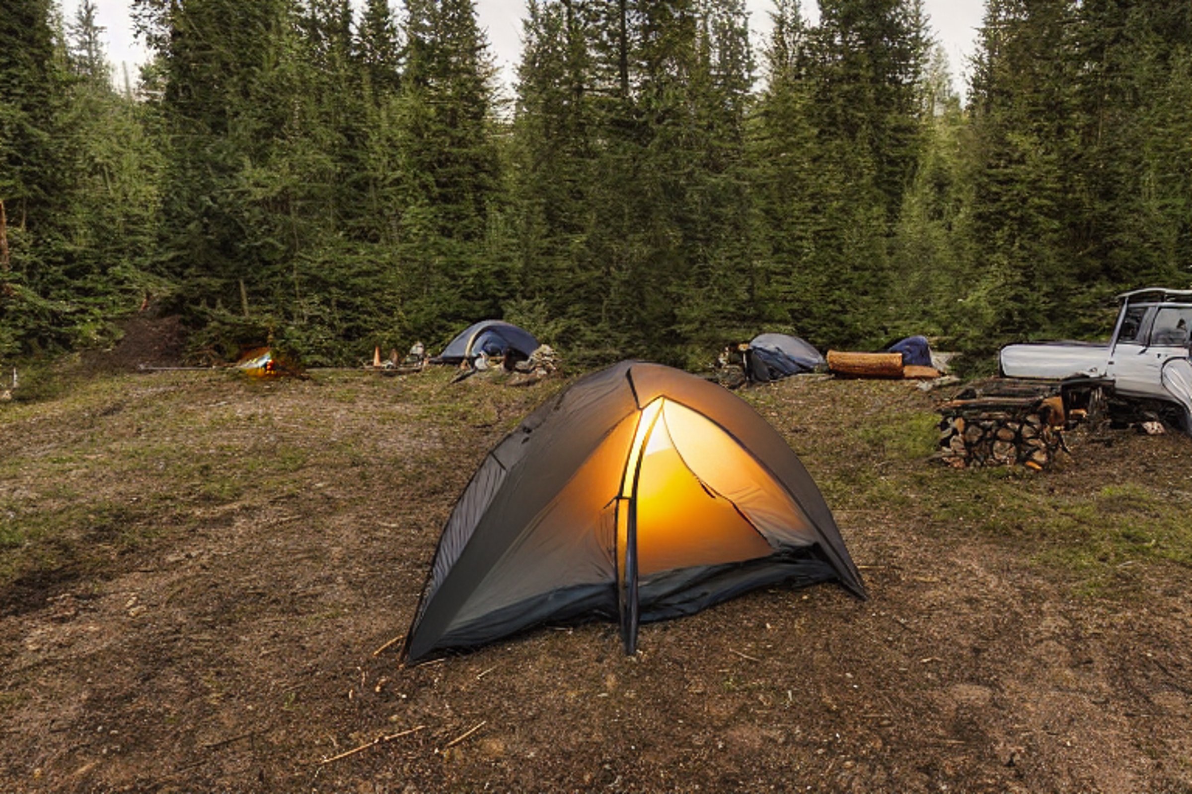 A black tent sits beside a quiet creek under the night sky. A warm campfire glows among the logs, boulders, and dirt, while a lantern lights the ground nearby.