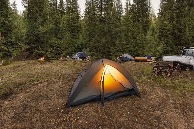 A black tent sits beside a quiet creek under the night sky. A warm campfire glows among the logs, boulders, and dirt, while a lantern lights the ground nearby.