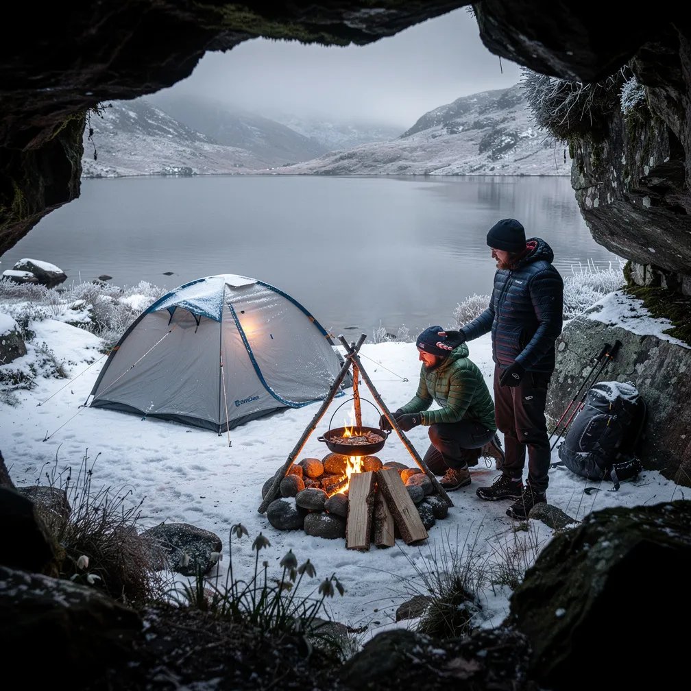 A cozy tent sits by a quiet winter lake, seen from the mouth of a rocky cave. Snow dusts the ground and tough grasses peek through the frost. Two hikers warm up by a small stone fire, where a skillet hangs over glowing coals and thin smoke drifts into the cold dusk.