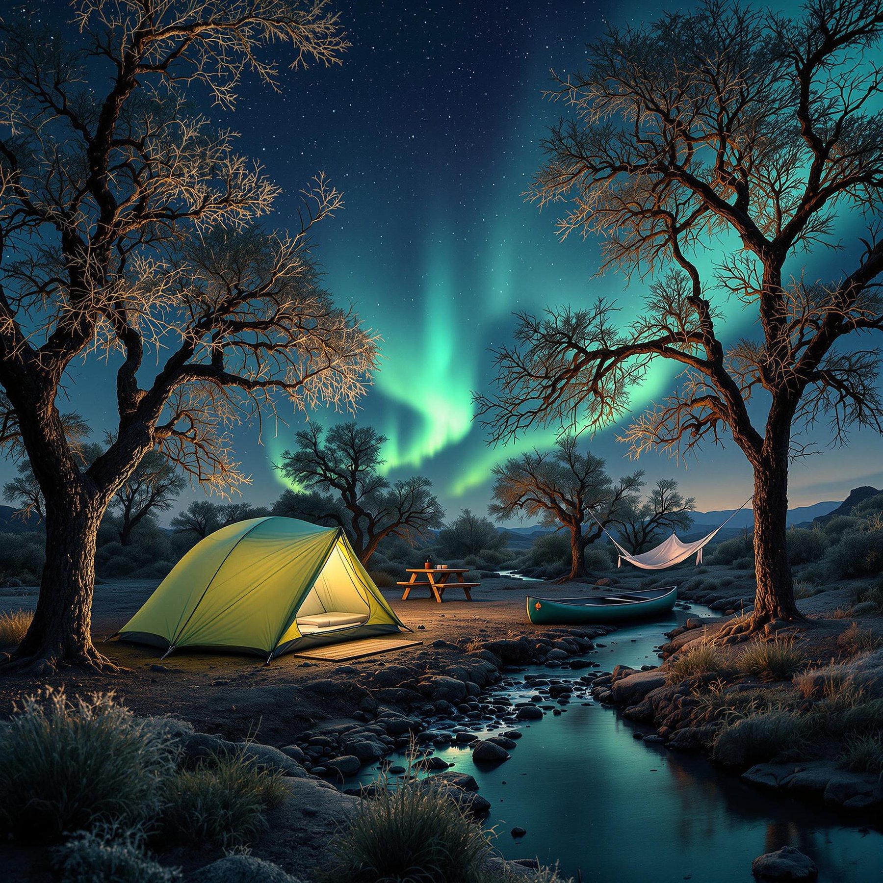 Under the shimmering northern lights, a cozy tent sits beside a gentle stream surrounded by frosty trees. The peaceful atmosphere invites you to relax in a hammock or explore the starlit night. A canoe waits by the water, ready for adventure.