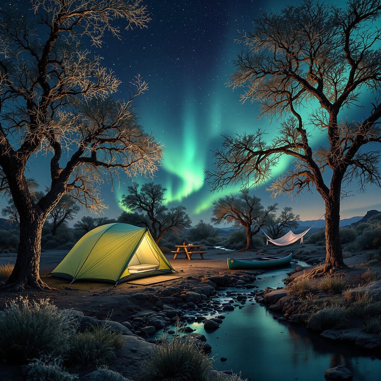 Under the shimmering northern lights, a cozy tent sits beside a gentle stream surrounded by frosty trees. The peaceful atmosphere invites you to relax in a hammock or explore the starlit night. A canoe waits by the water, ready for adventure.