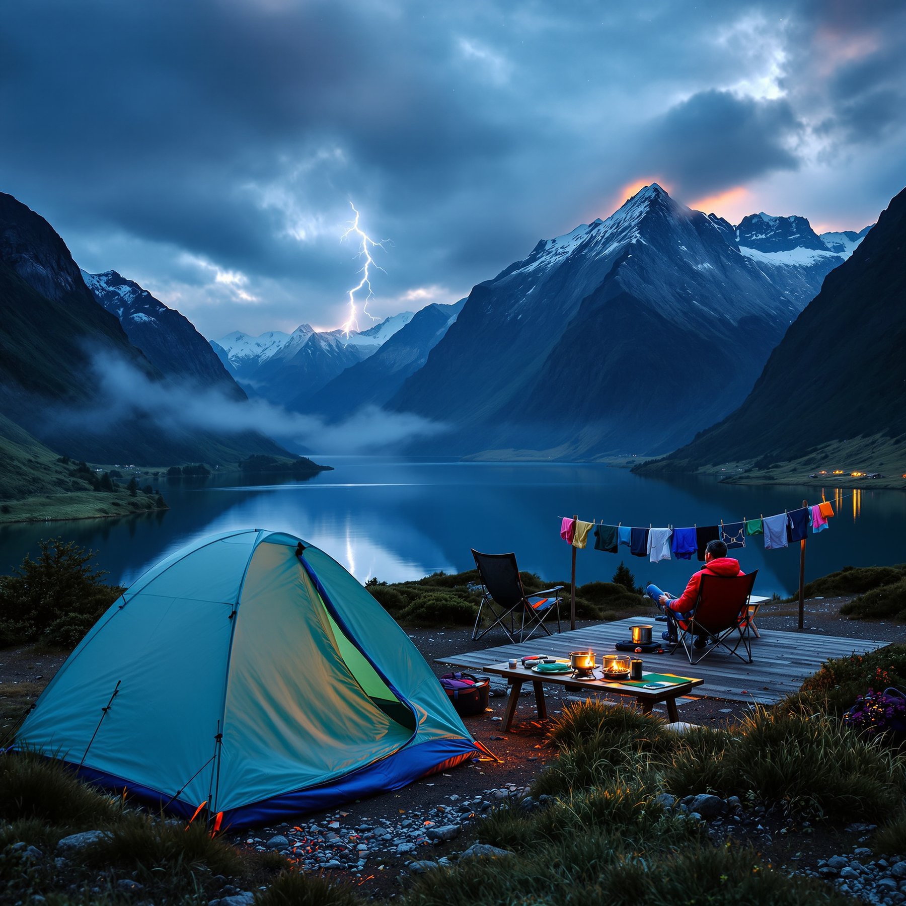 This campsite sits by a sparkling lake surrounded by tall, snowy mountains. Colorful clothes hang to dry while a camper relaxes by a glowing lantern. Lightning flashes in the distance, making everything feel a little extra exciting!