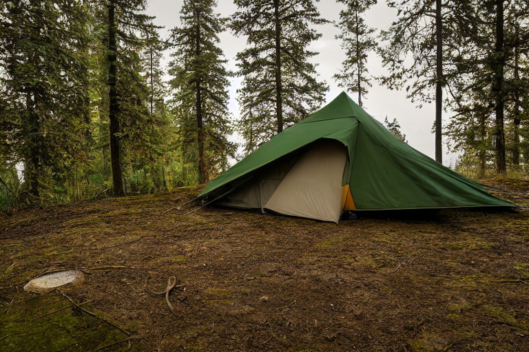 A green and tan tent rests in a quiet forest campsite beneath a sky full of stars. A warm campfire glows beside large stone slabs and a fallen log, while small trees and dry leaves surround the dirt clearing.