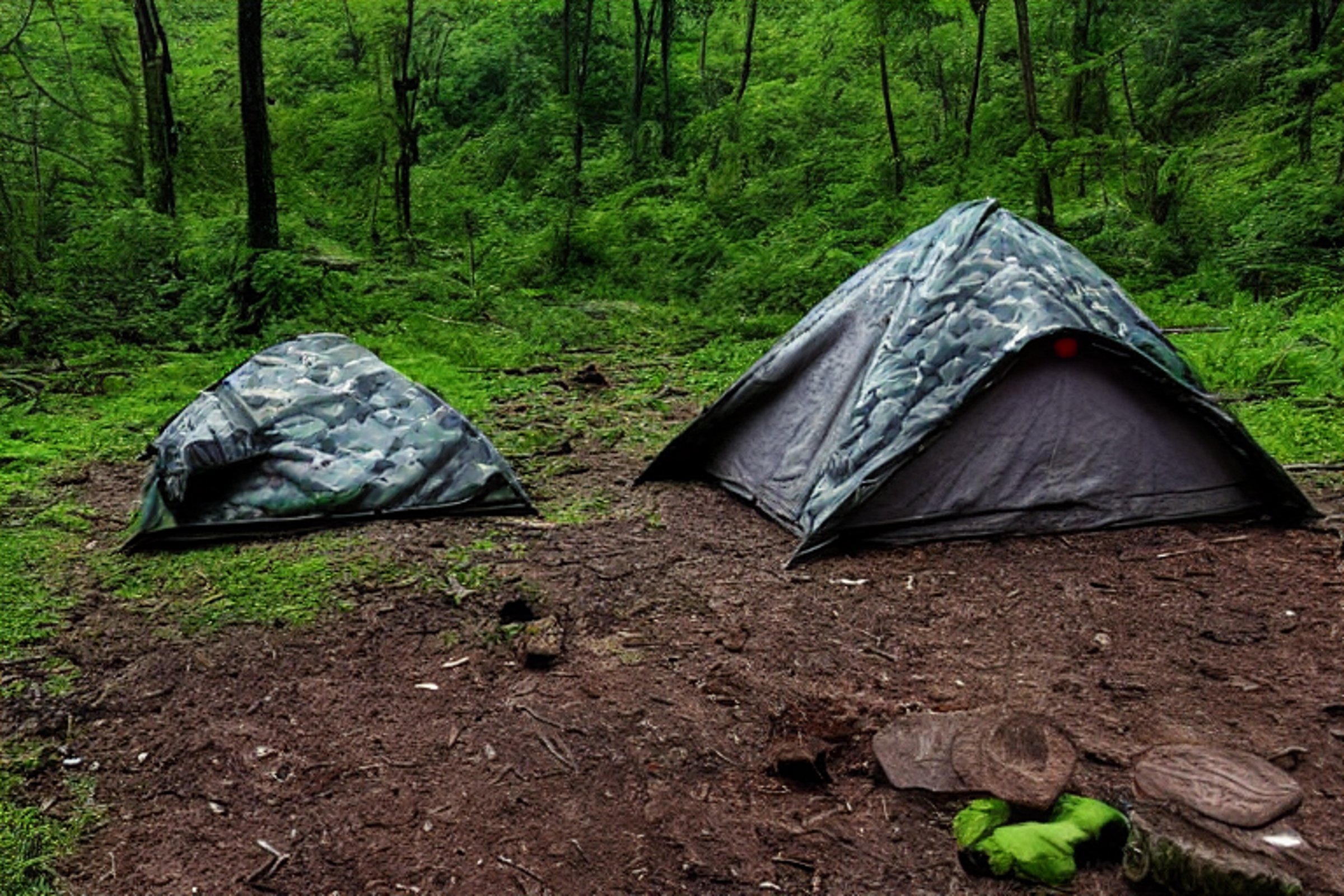A green camo tent rests on a rainy campsite at night in Zhangjiajie, China. A warm campfire glows among the stones, while a distant camper shines a flashlight through the mist.