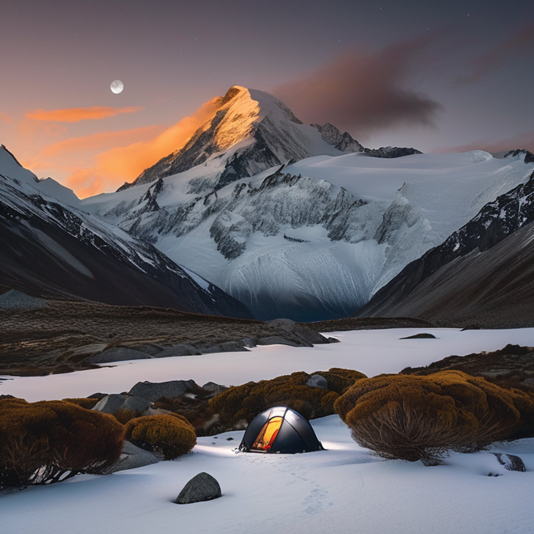 A black tent rests on a quiet paved campsite in Mount Cook National Park. Snowy peaks, large bushes, and smooth boulders surround the dirt patch, while the rising sun and pale moon share the sky.