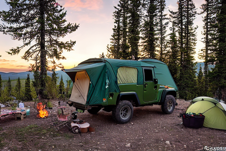 A green jeep with a rooftop tent rests at a peaceful Montana campsite. A warm campfire glows as the sun sets, with camping gear, hanging clothes, and twigs scattered nearby. Deer stand in the distance beneath a clear sky.