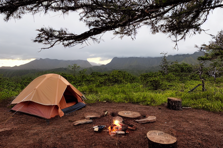 A tan tent rests on a muddy campsite beneath the rainy Hawaiian night sky. A warm campfire glows beside a large log, while mountains rise in the distance. A hiking path leads through the quiet, misty landscape.