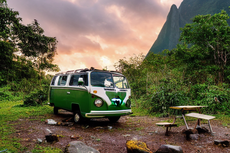 A green VW campervan rests at a quiet campsite in Soufrière, St. Lucia. Rainy sunset light shines through the forest, with a picnic table, scattered stones, and bright flowers around a small dirt patch.