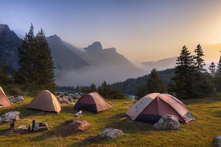 A cozy brown tent rests beside a crackling campfire near a quiet lake. Clothes sway on a nearby line, while large stone slabs and rough ground add a wild feel. Misty mountains rise in the soft light of sunset.
