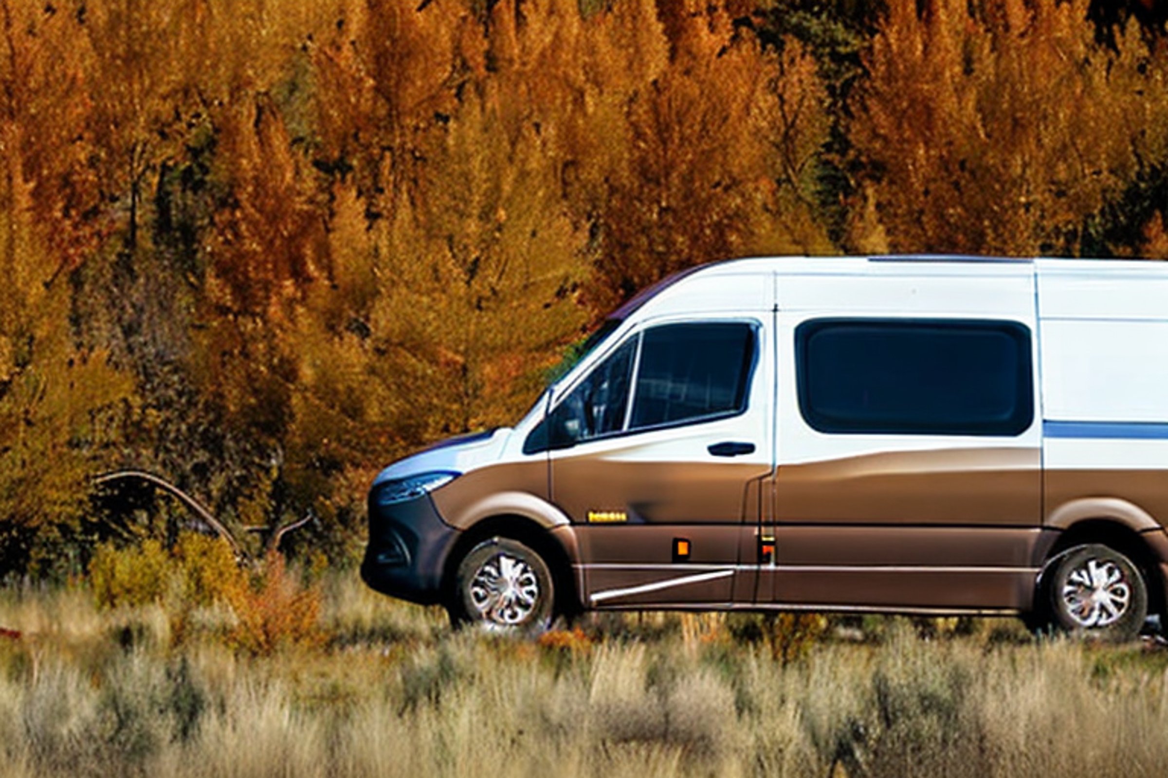 A brown camper van rests on a quiet dirt patch in the Idaho plains. Bright fall trees and thick bushes surround the campsite under a clear blue sky. Hikers explore the peaceful area nearby.