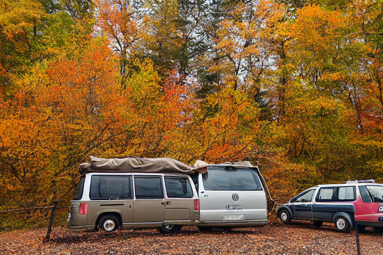 A cozy campervan rests beside a glowing campfire under stormy night skies. Fall-colored trees surround the dirt campsite, with a hiking path, picnic table, and clothesline nearby.