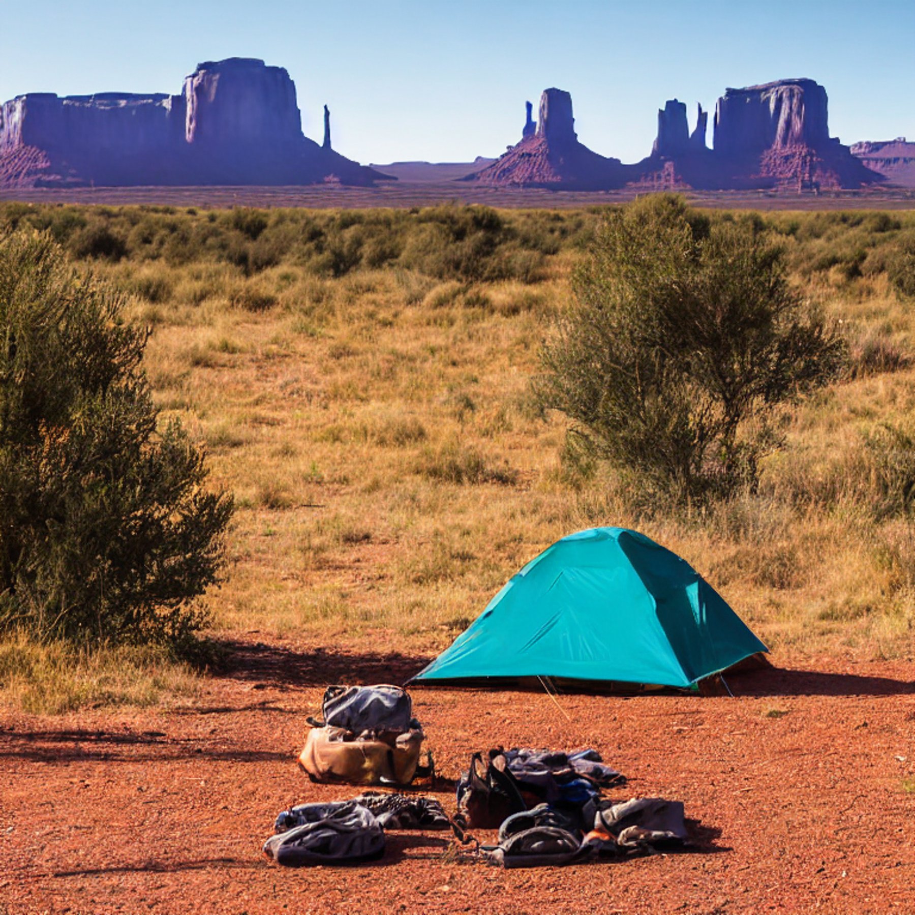 A teal tent rests on a sunny dirt campsite in Monument Valley. Fall-colored trees, tall mountains, and a clear blue sky create a peaceful view. A guitar and backpack sit nearby, ready for adventure.
