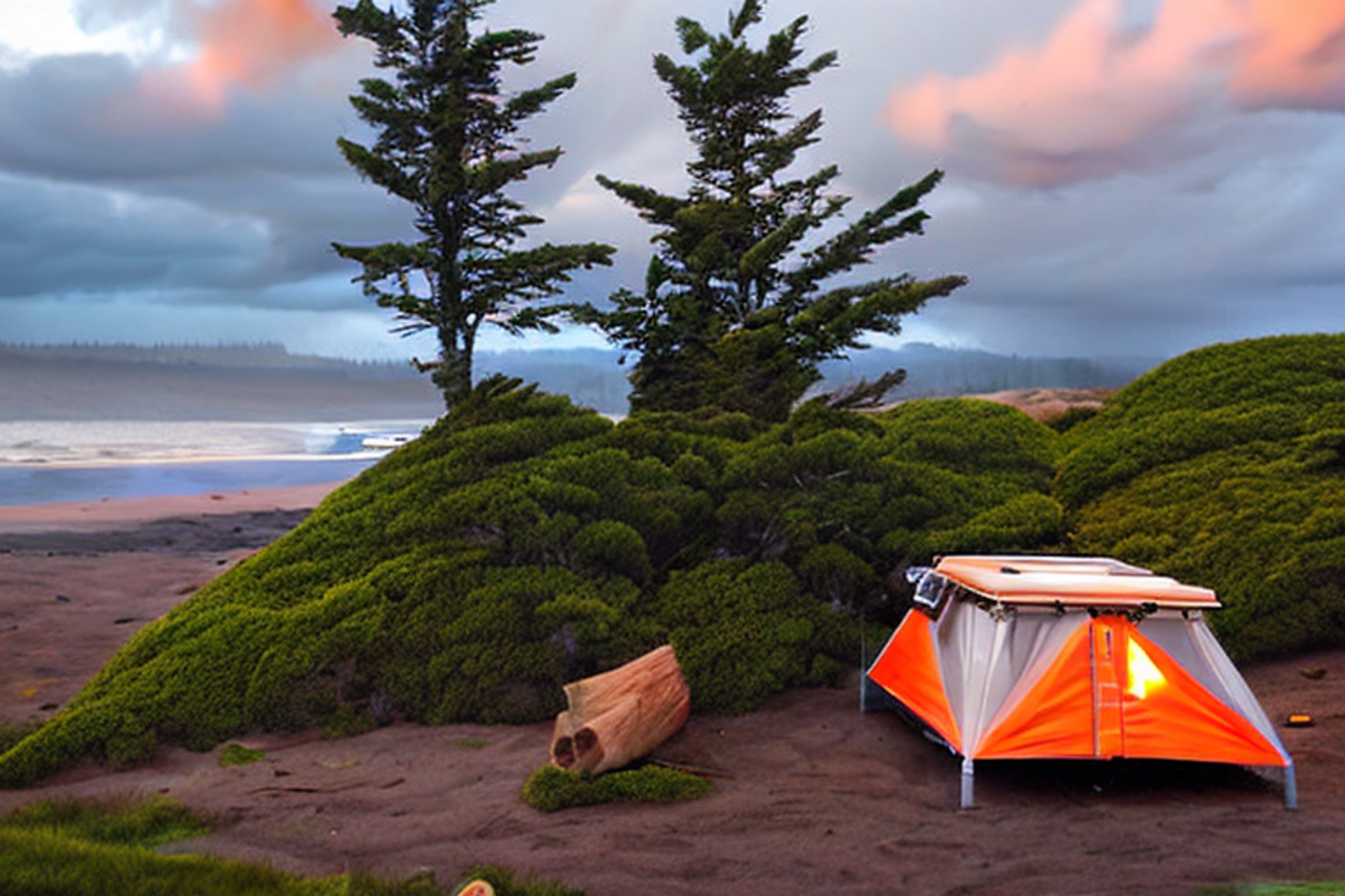 An orange Subaru with a rooftop tent rests beside a warm campfire on Cannon Beach. Small trees, boulders, and camping chairs surround the sandy campsite as storm clouds gather overhead.