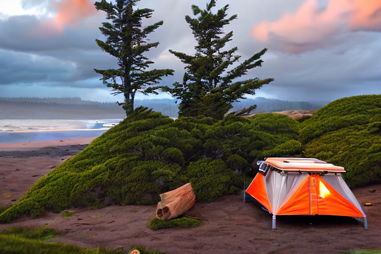 An orange Subaru with a rooftop tent rests beside a warm campfire on Cannon Beach. Small trees, boulders, and camping chairs surround the sandy campsite as storm clouds gather overhead.