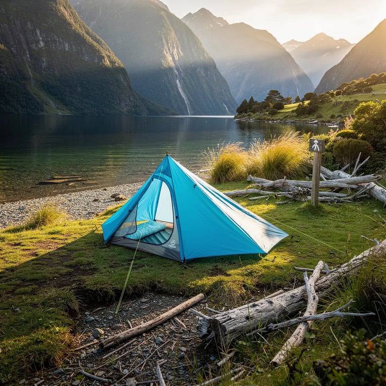 A sky-blue tent sits on soft green grass beside a calm lake, with tall hills rising all around. Warm evening sunlight brushes the slopes and turns the water into a gentle mirror. Driftwood and small stones near the shore make the campsite feel wild and peaceful.