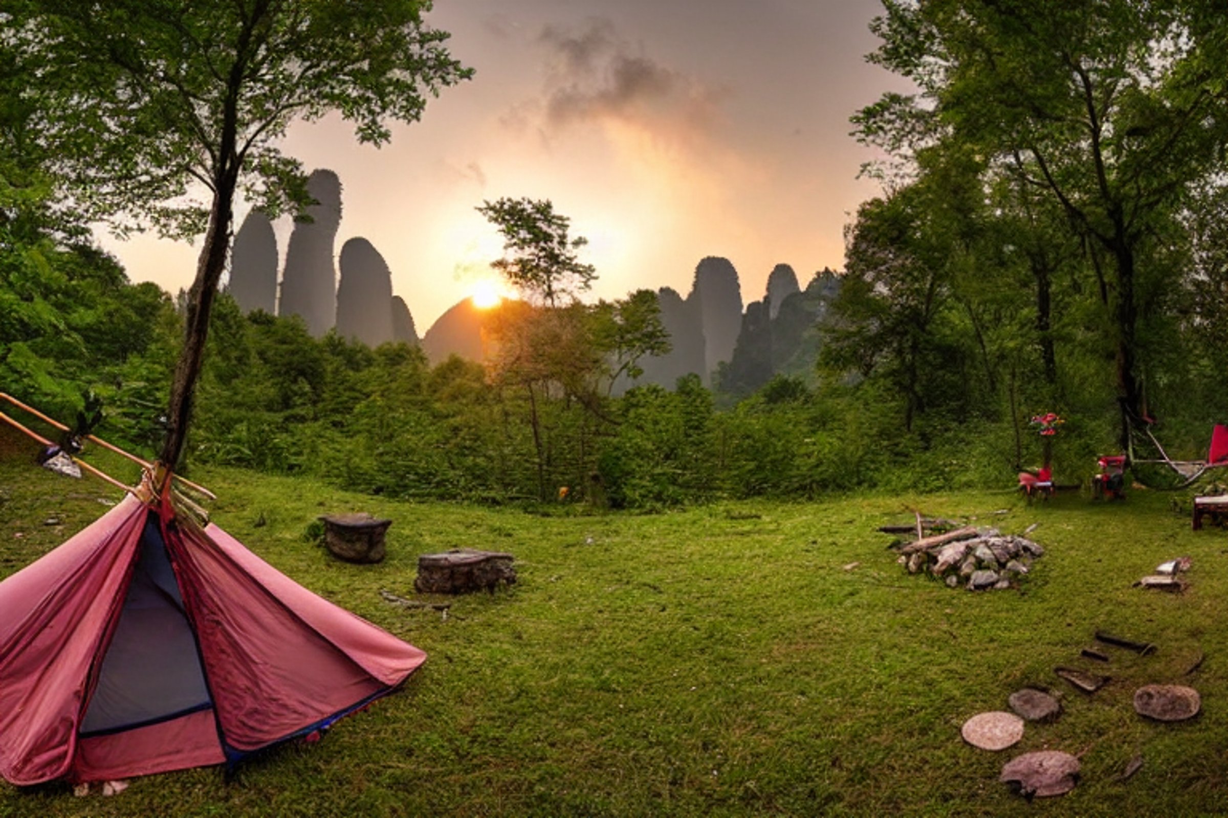 A tan tent rests among flowers and trees in the misty mountains of Zhangjiajie. A warm campfire glows beside a hammock, while a deer watches from the distance in the rainy sunset.