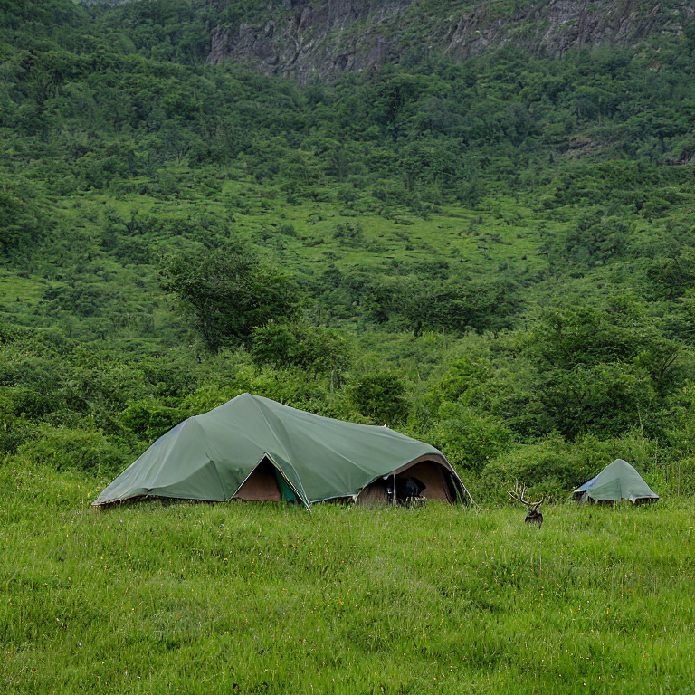 A green and tan tent rests on a quiet dirt campsite in Valley of Flowers National Park. Rolling hills, stone patches, and a winding trail stretch beneath the stormy dusk sky. A deer stands far away in the peaceful valley.