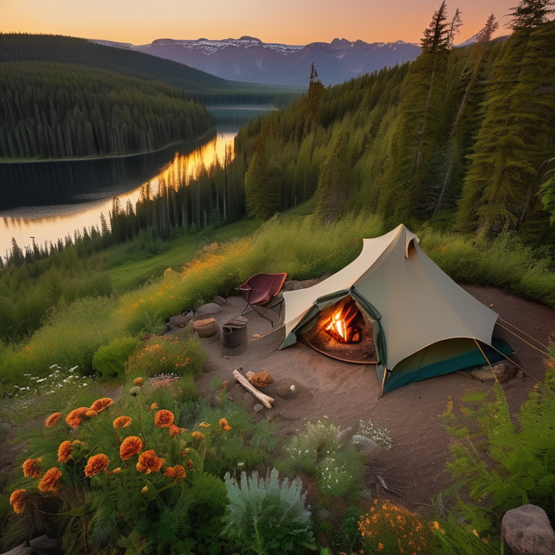 A green and tan tent rests on a rocky dirt campsite beside a calm lake. Wildflowers, tall trees, and a large log surround the campfire area as the sun sets beneath cloudy skies.