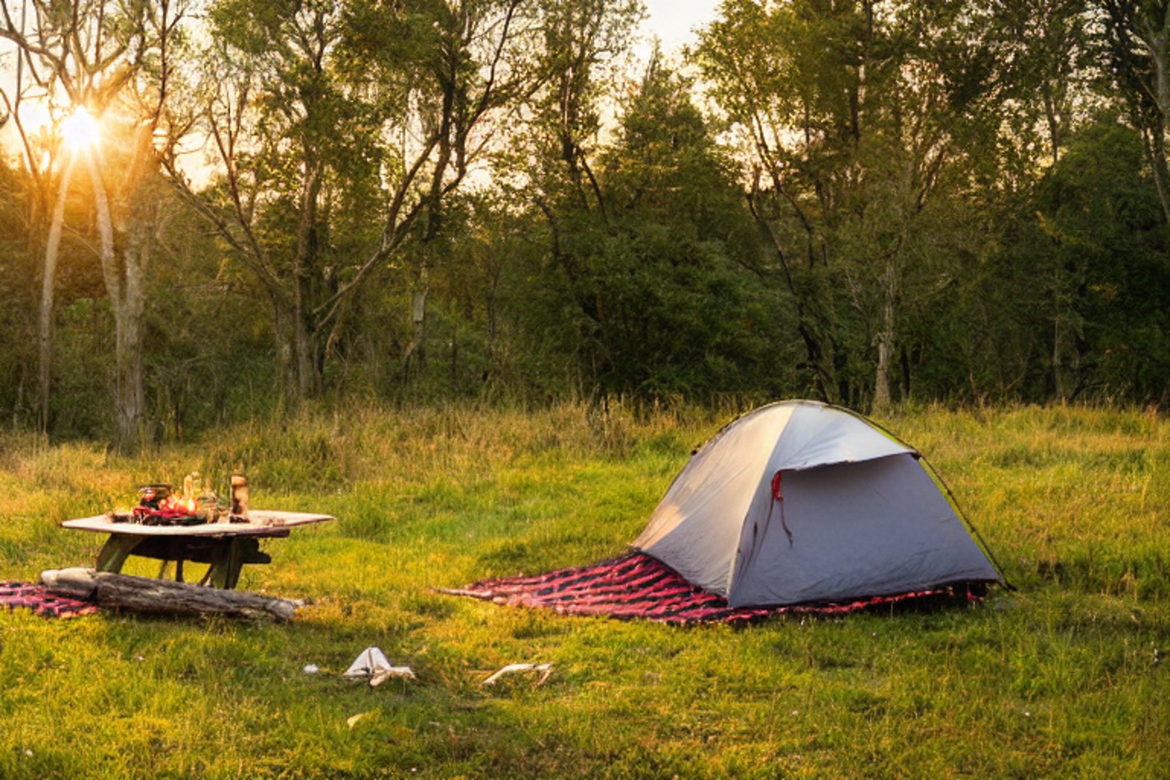 A cozy tent sits beside a warm campfire near a peaceful hot spring. Golden sunset light shines over the dirt campsite, picnic table, fallen leaves, and berry-covered bushes. A deer stands quietly in the distance.