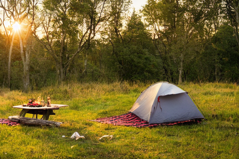 A cozy tent sits beside a warm campfire near a peaceful hot spring. Golden sunset light shines over the dirt campsite, picnic table, fallen leaves, and berry-covered bushes. A deer stands quietly in the distance.
