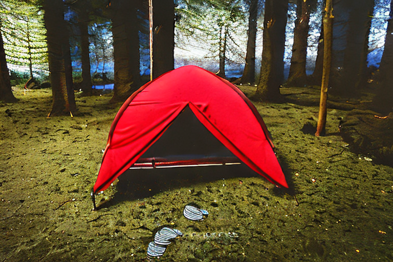 A red-and-white tent rests on a quiet dirt campsite beneath tall, mossy trees. A small stream winds through the camp, while a backpack sits nearby. Stormy skies and soft night light create a wild, peaceful mood near Cannon Beach.