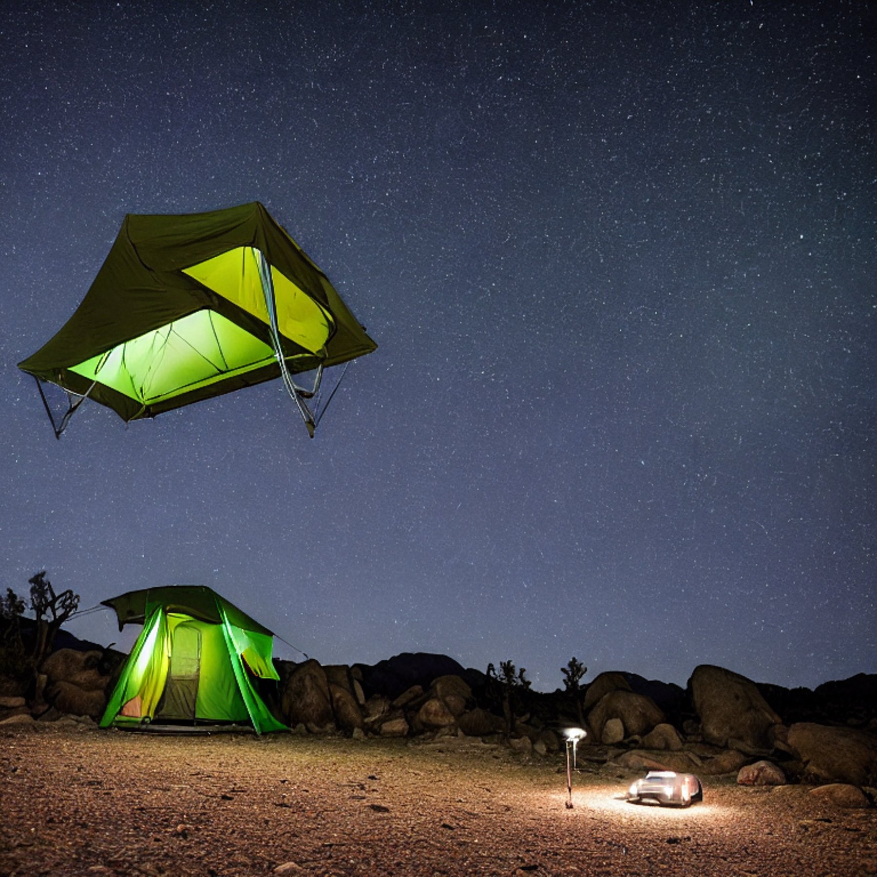 A green Subaru with a rooftop tent rests at a rainy campsite under glowing northern lights. Stones and logs circle a warm campfire, while a distant flashlight shines through the dark Joshua Tree night.