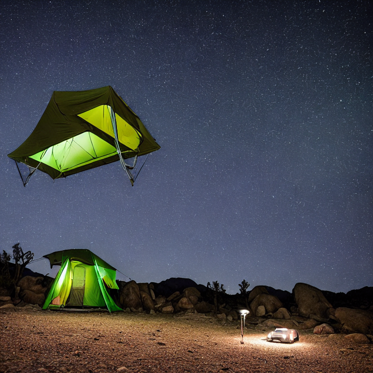 A green Subaru with a rooftop tent rests at a rainy campsite under glowing northern lights. Stones and logs circle a warm campfire, while a distant flashlight shines through the dark Joshua Tree night.