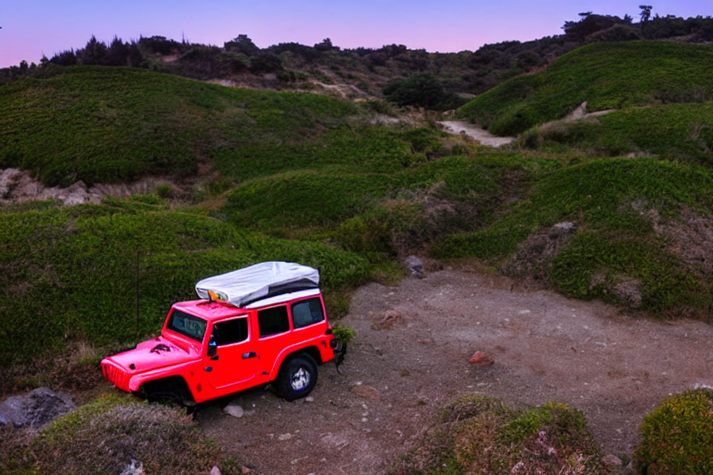 A red and white Jeep with a rooftop tent rests at a quiet dirt campsite in Big Sur. Stars fill the night sky above the rocky ground and fallen leaves. A small berry-covered bush adds a touch of color nearby.