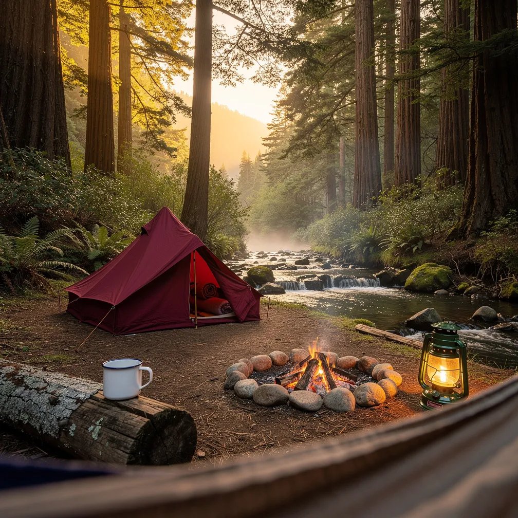 Tall redwood trees tower over a quiet campsite wrapped in soft morning fog. A burgundy bell tent sits by a small creek where water tumbles down a tiny waterfall. A warm lantern glows near a stone fire ring with fading embers, and an enamel mug waits on a weathered log. From a hammock, you can watch sunrise light slip through the branches.
