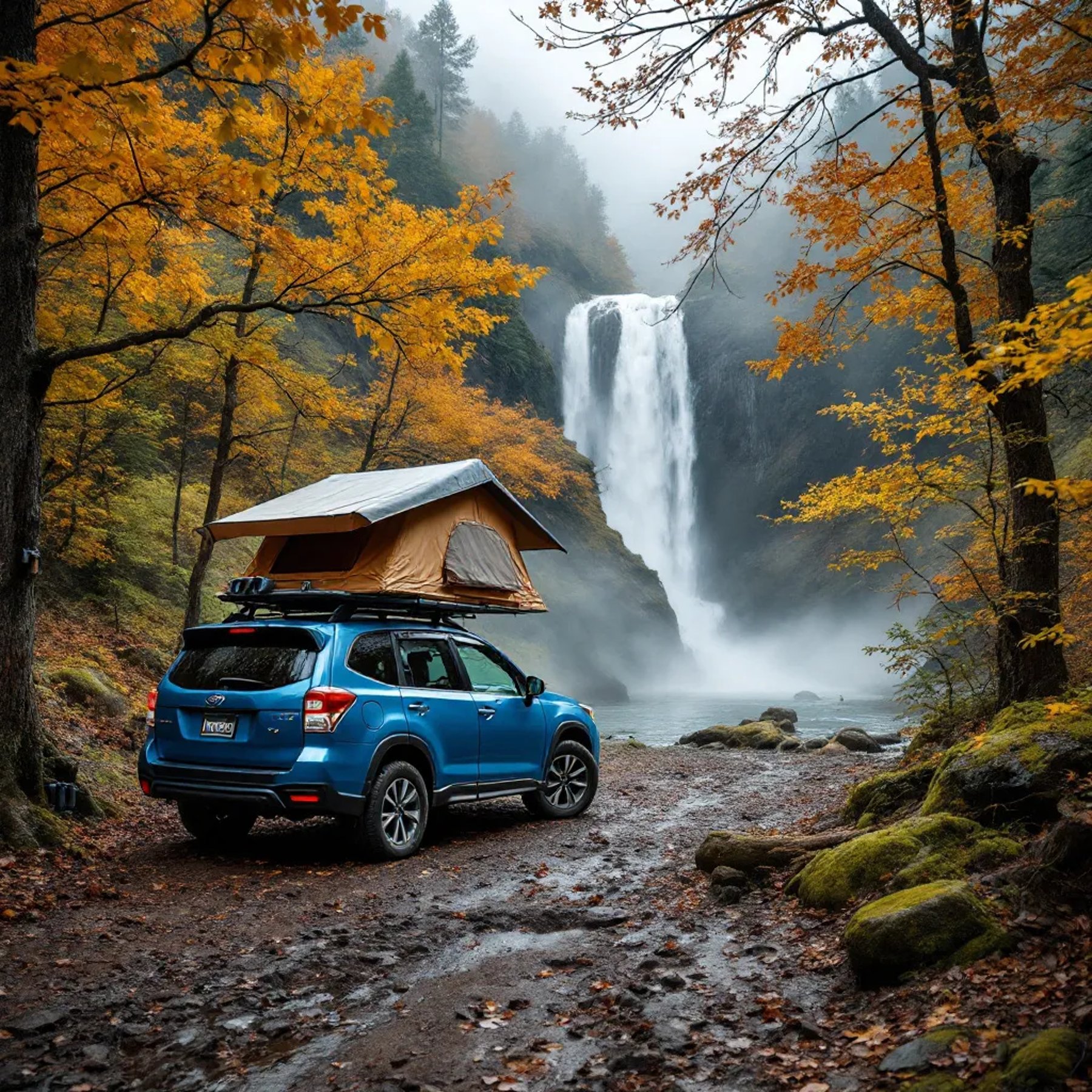A blue Subaru with an open rooftop tent rests in a misty valley of colorful fall trees and rare wildflowers. Seen behind a waterfall, the campsite feels quiet and wild, with animal tracks in the dirt. Binoculars hang from a branch, and a fishing rod leans nearby.