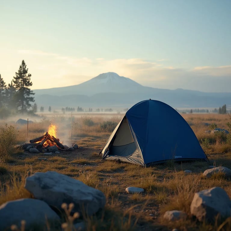 A navy blue tent rests on the wide Idaho plains beneath a misty mountain. Nearby, a campfire, large log, and scattered boulders create a cozy outdoor camp.