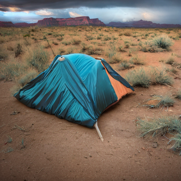 A teal tent rests on a dirt campsite in the New Mexico desert as the sun rises beneath stormy skies. Tall grass, a winding hiking path, a backpack, and a wooden guitar create a cozy outdoor scene.